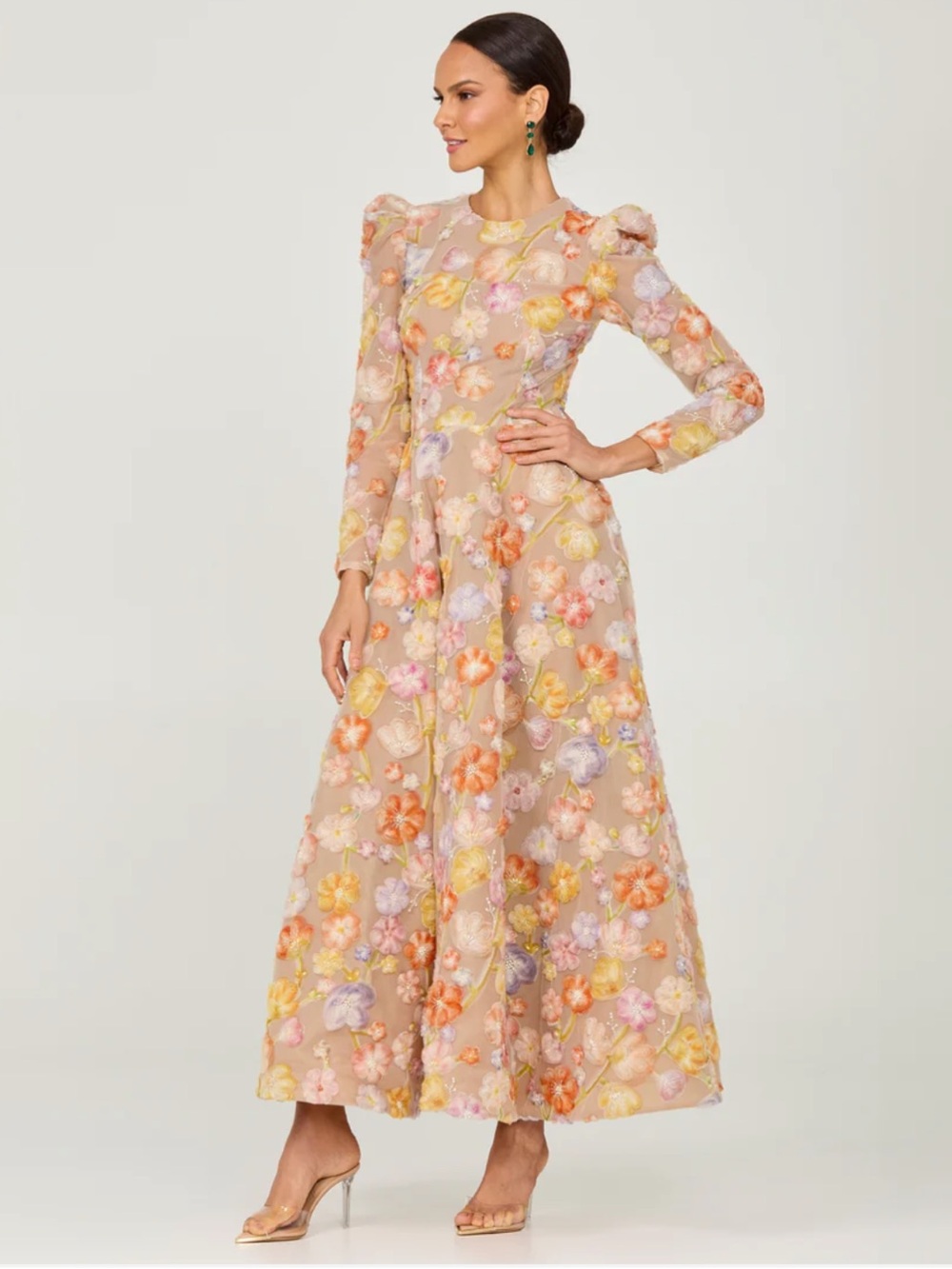 helsi tessa tan 3d floral applique embellished long sleeve maxi gown dress XS